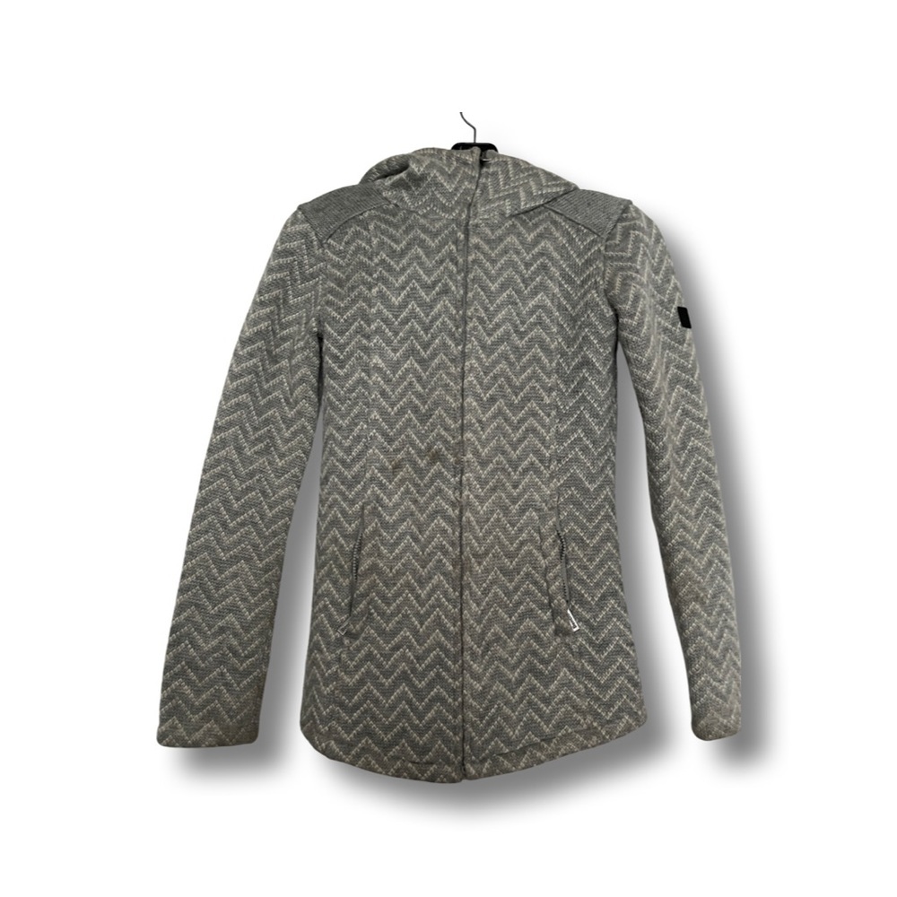Bench grey herringbone or “Zaggle” patterned zip up fleece lined hooded jacket.
